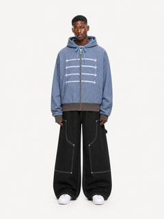OYL-Lab Striped Military Embroidered Zip Up Cropped Hoodie