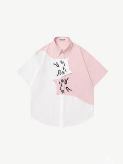 OYL-Lab Color Block Cat Embroidery  Short Sleeve Shirt