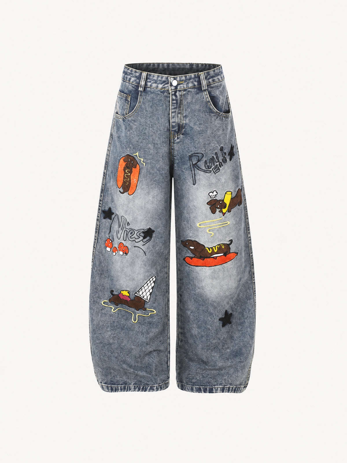 OYL-Lab Dachshund Towel Embroidery Baggy Jeans