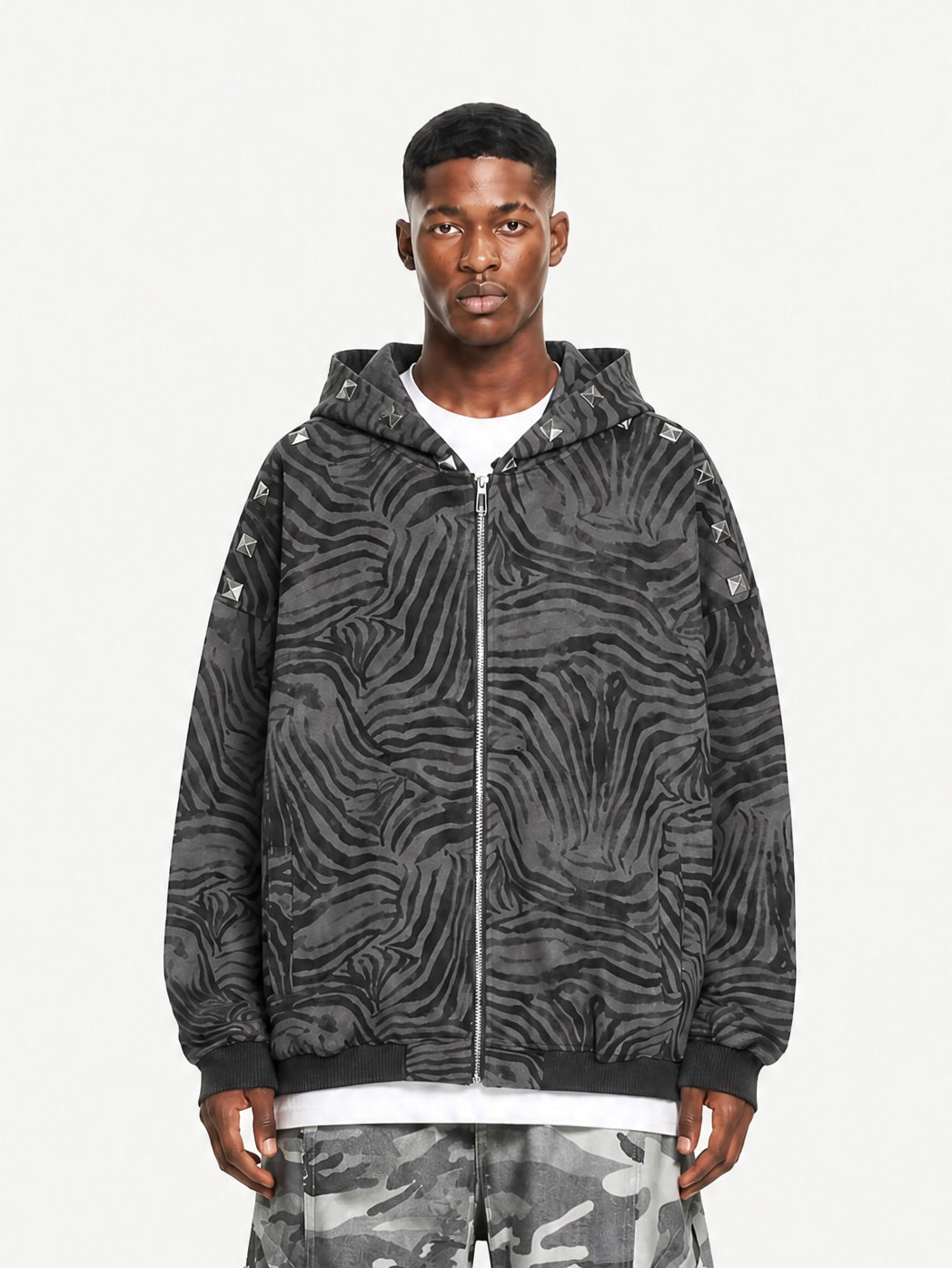 OYL-Lab Zebra Print Studded Zip Up Hoodie