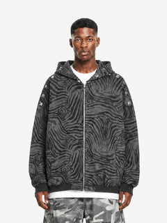 OYL-Lab Zebra Print Studded Zip Up Hoodie
