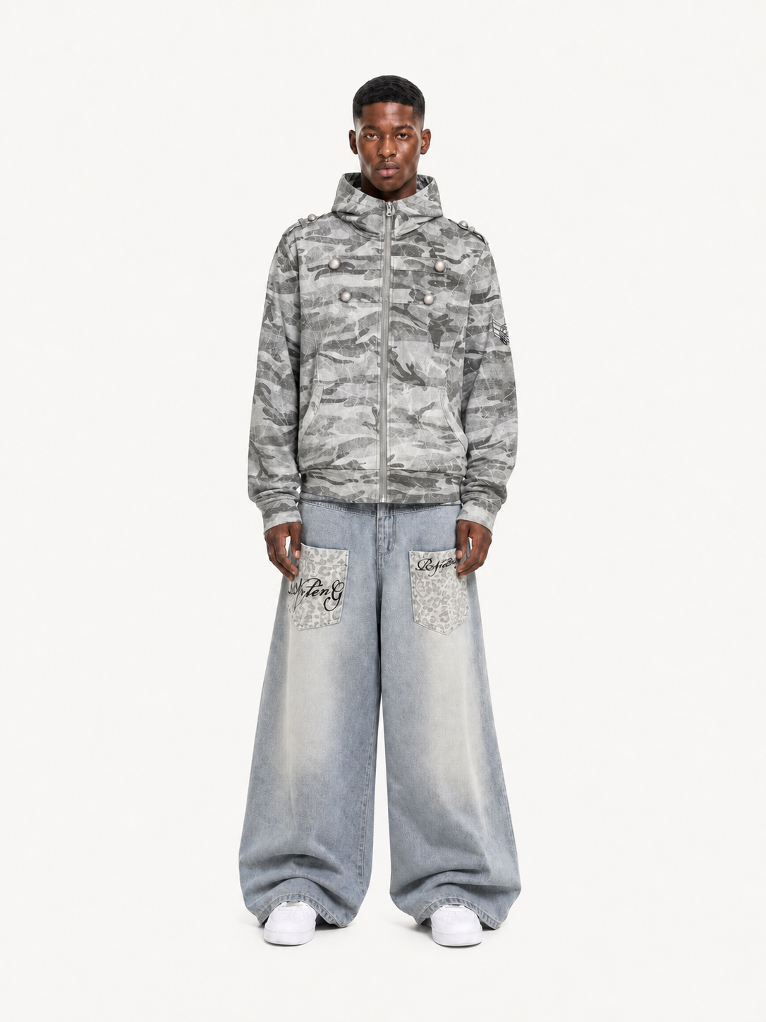 OYL-Lab Military Camo Epaulet Cropped Zip Hoodie