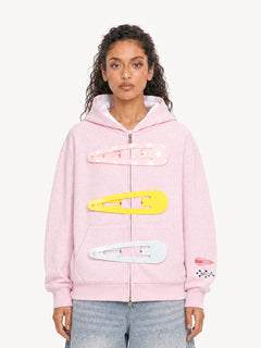 OYL-Lab 3D Hair Clip Decor Zip Up Hoodie