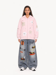 OYL-Lab Star Patch Button Detail Zip Up Hoodie