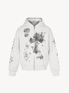 OYL-Lab Retro Halftone Cross Graphic Zip Up Hoodie
