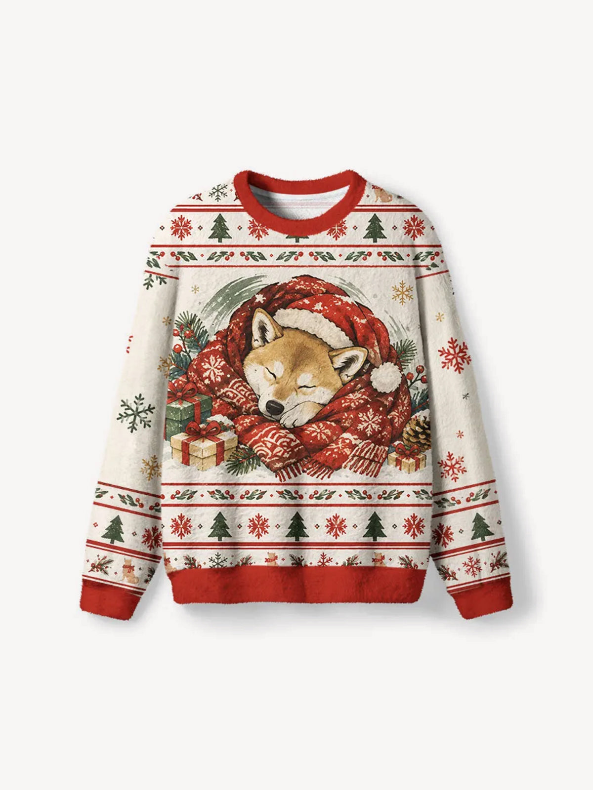 OYL-Lab Sleepy Shiba Meme Fuzzy Christmas Ugly Sweater
