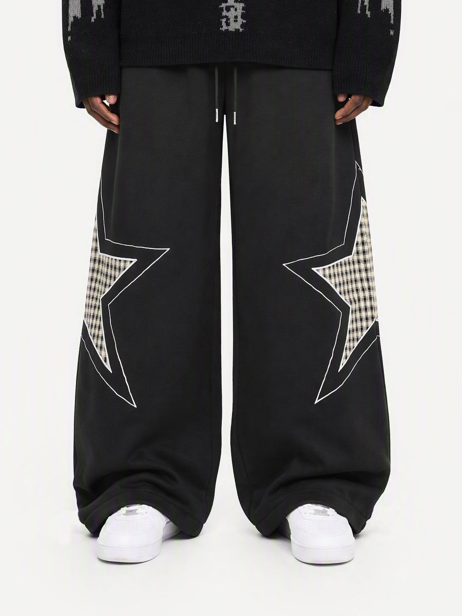 OYL-Lab Star Plaid Patchwork Embroidered Barrel Baggy Sweatpants