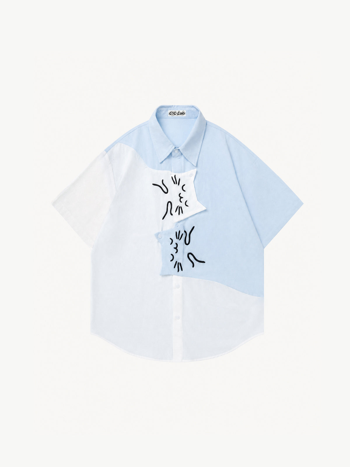 OYL-Lab Color Block Cat Embroidery  Short Sleeve Shirt