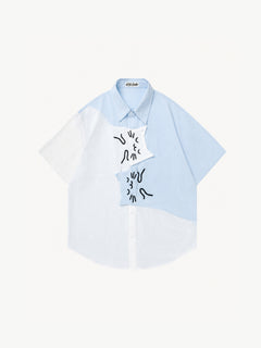 OYL-Lab Color Block Cat Embroidery  Short Sleeve Shirt