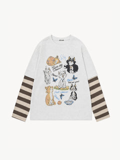 OYL-Lab Cat Graphic Fake Two Piece Long Sleeve Tee