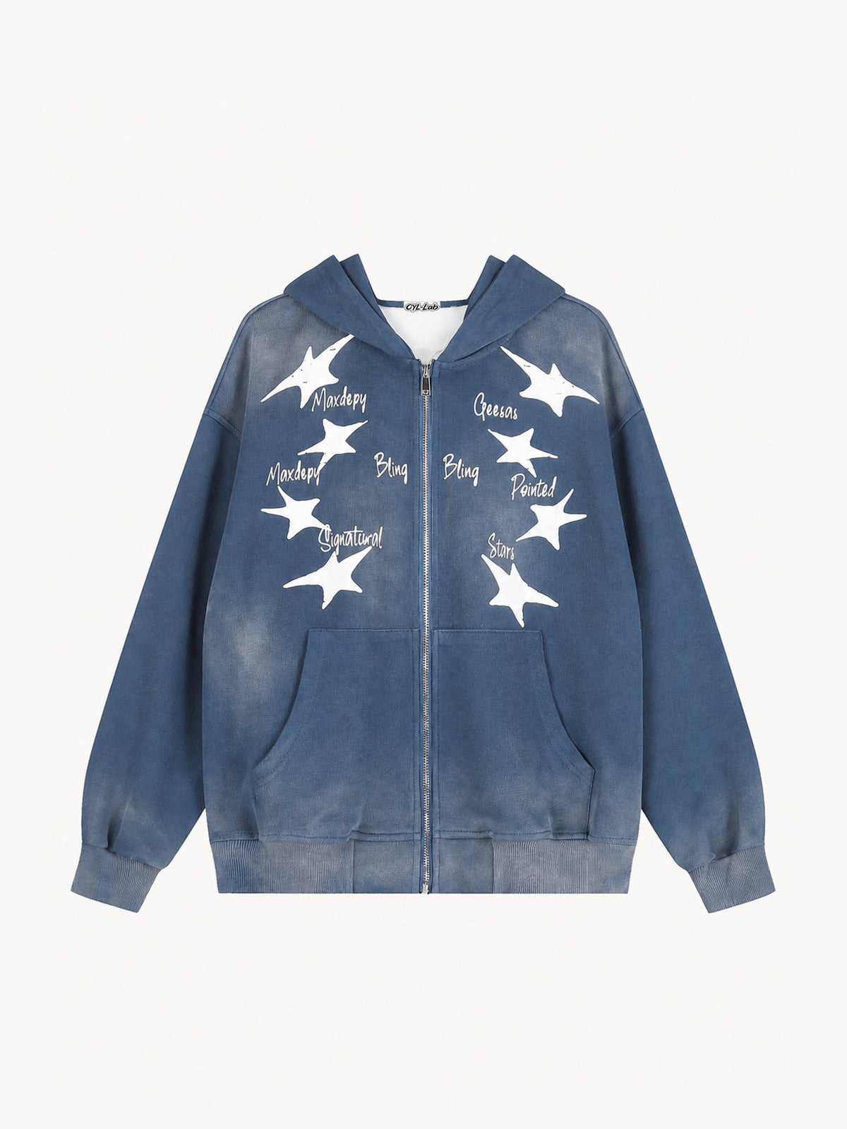 OYL-Lab Vintage Acid Wash Star Print Zip Up Hoodie