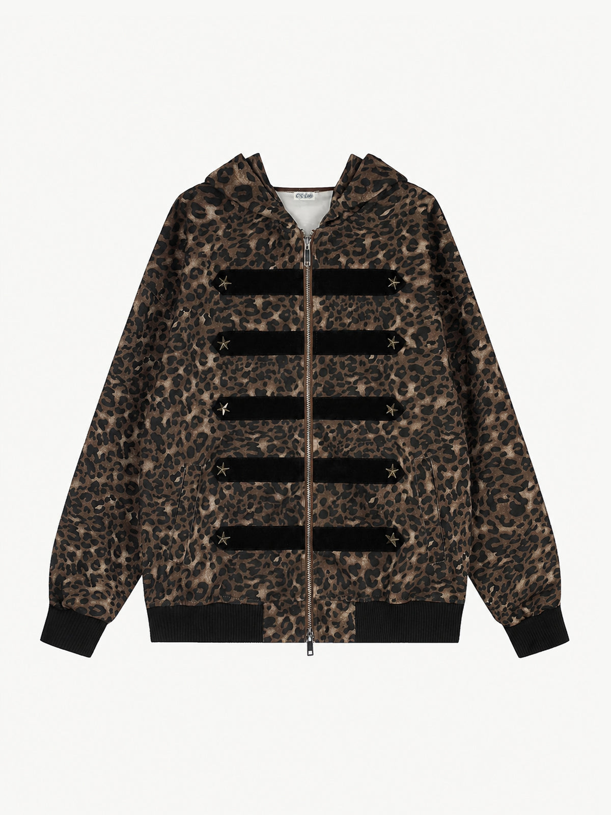 OYL-Lab Washed Black & Leopard Star Stud Zip Up Hoodie