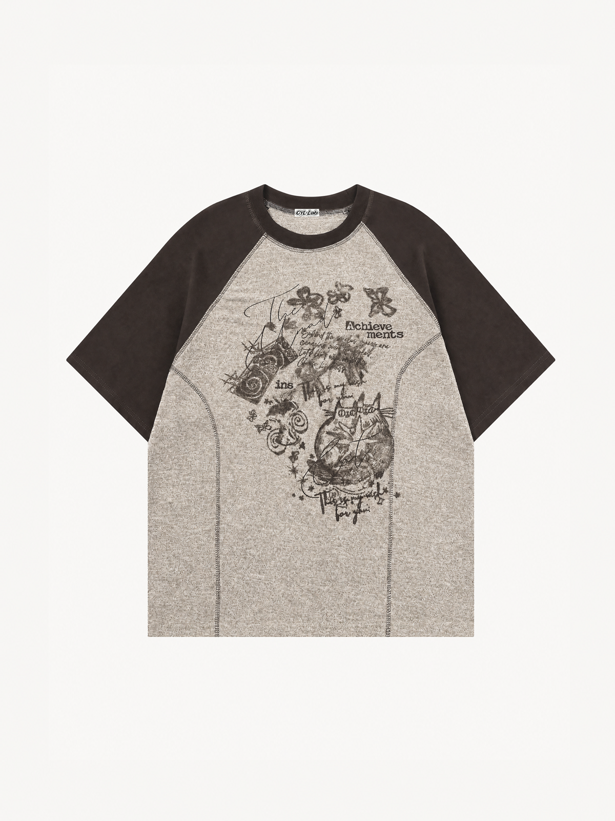 OYL-Lab  Faded Sketch Cat Butterfly Color Block Tee