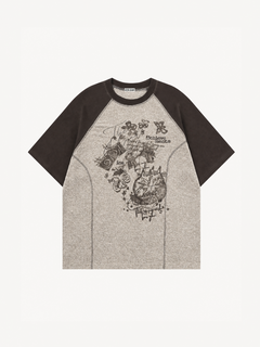 OYL-Lab  Faded Sketch Cat Butterfly Color Block Tee