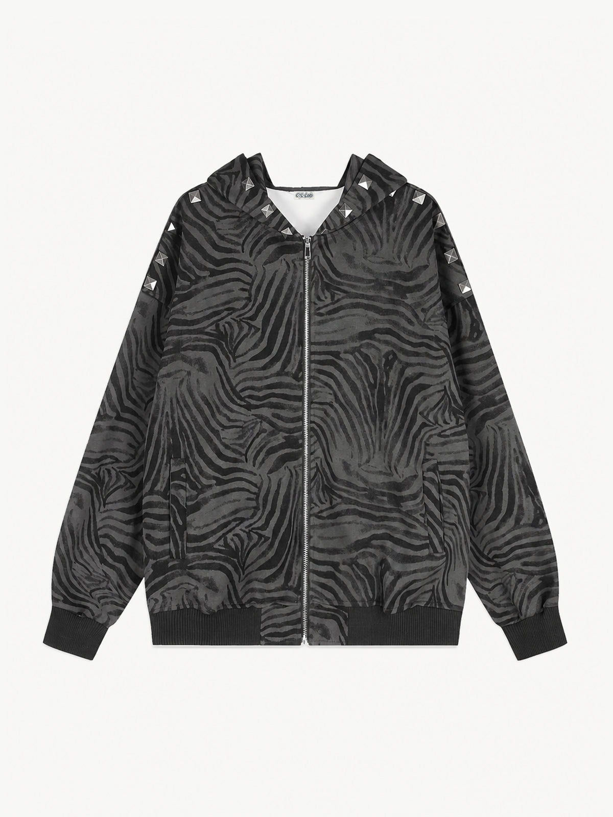 OYL-Lab Zebra Print Studded Zip Up Hoodie