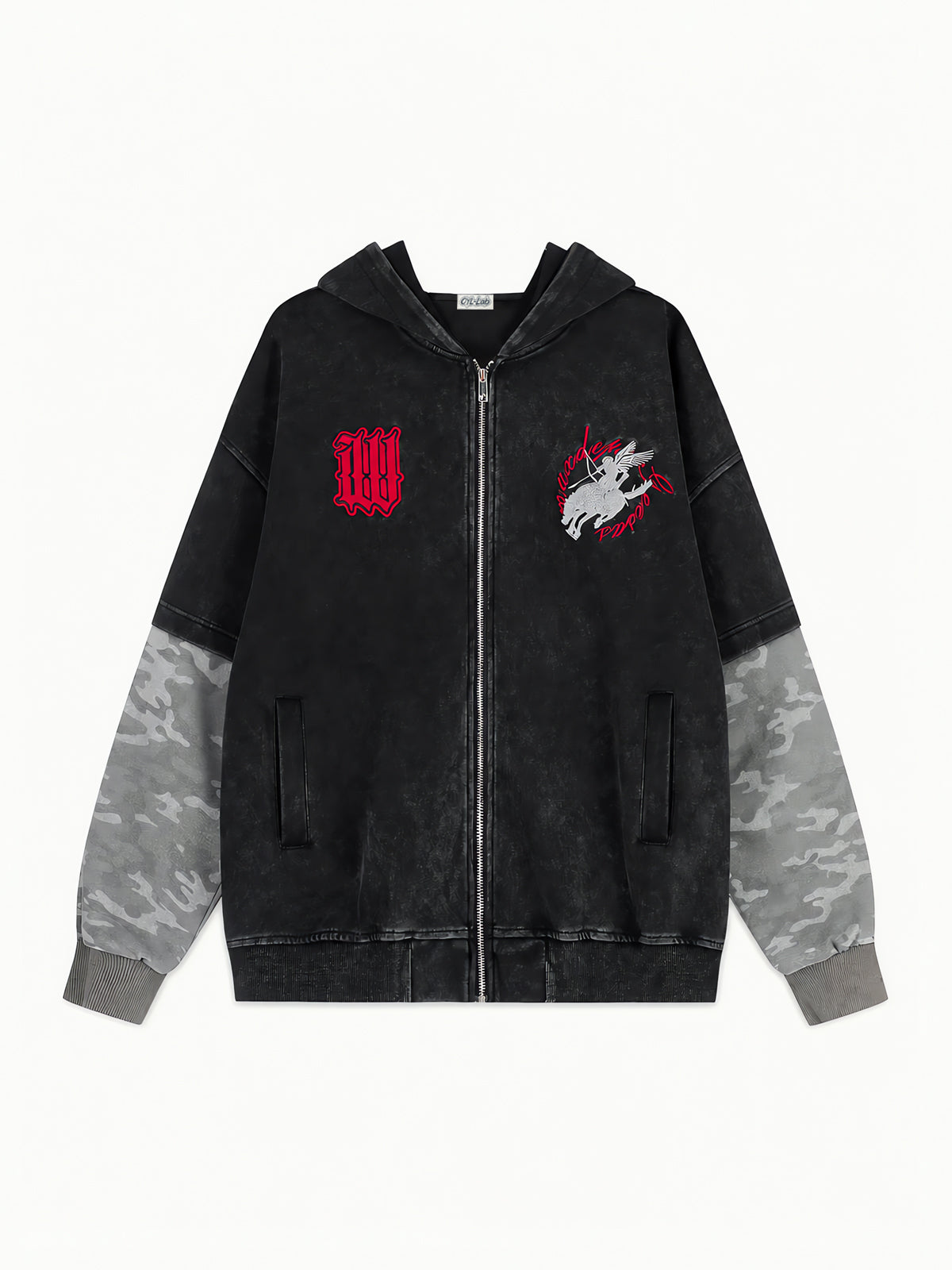 OYL‑Lab Acid‑Washed Camo Spliced Embroidered Zip‑Up Hoodie