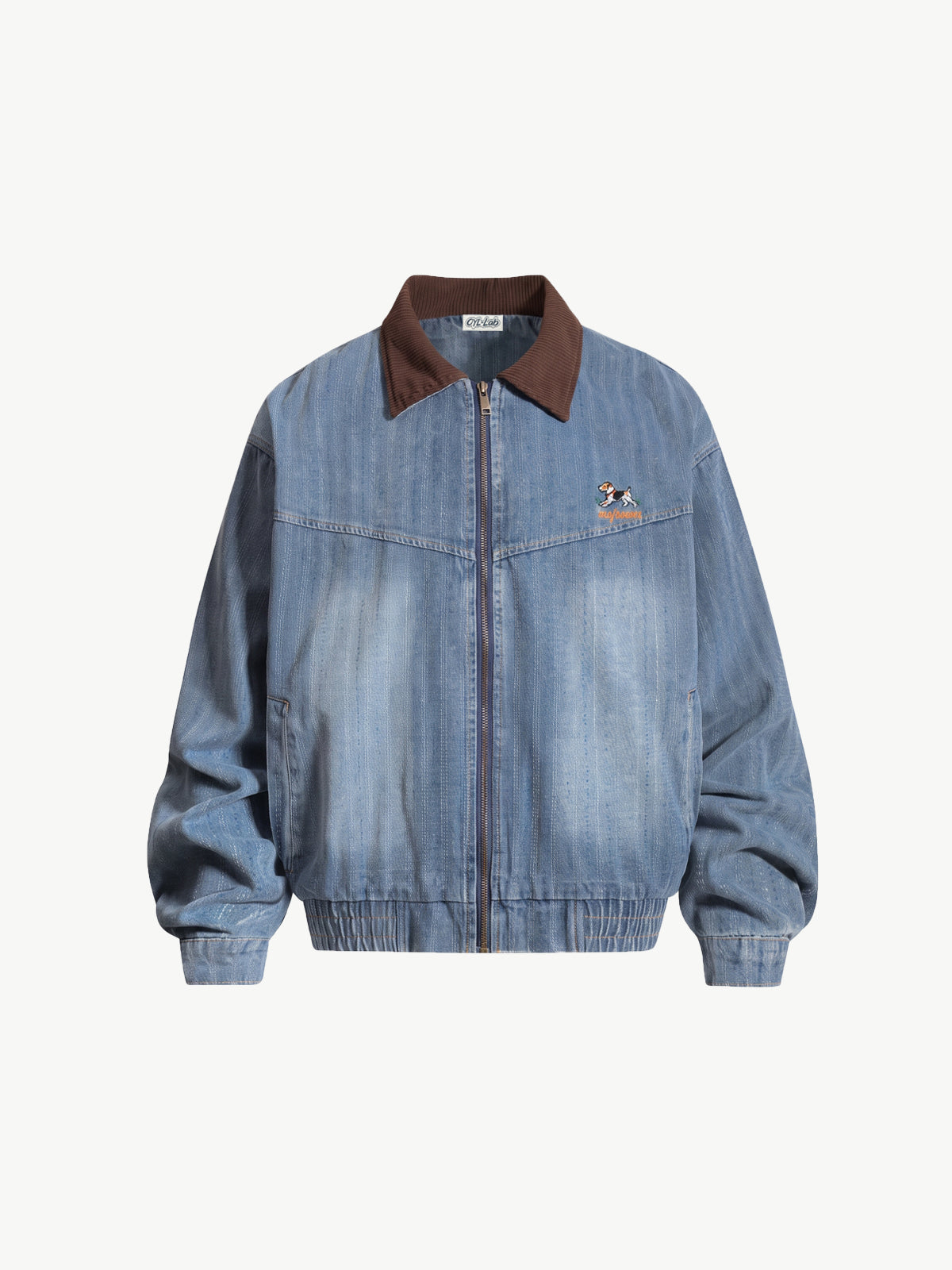 OYL-Lab Retro Corduroy Cute Puppy Embroidered Denim Jacket