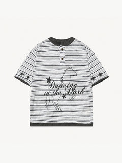 OYL-Lab Stripe Henley Neck  Vintage Print  Tee
