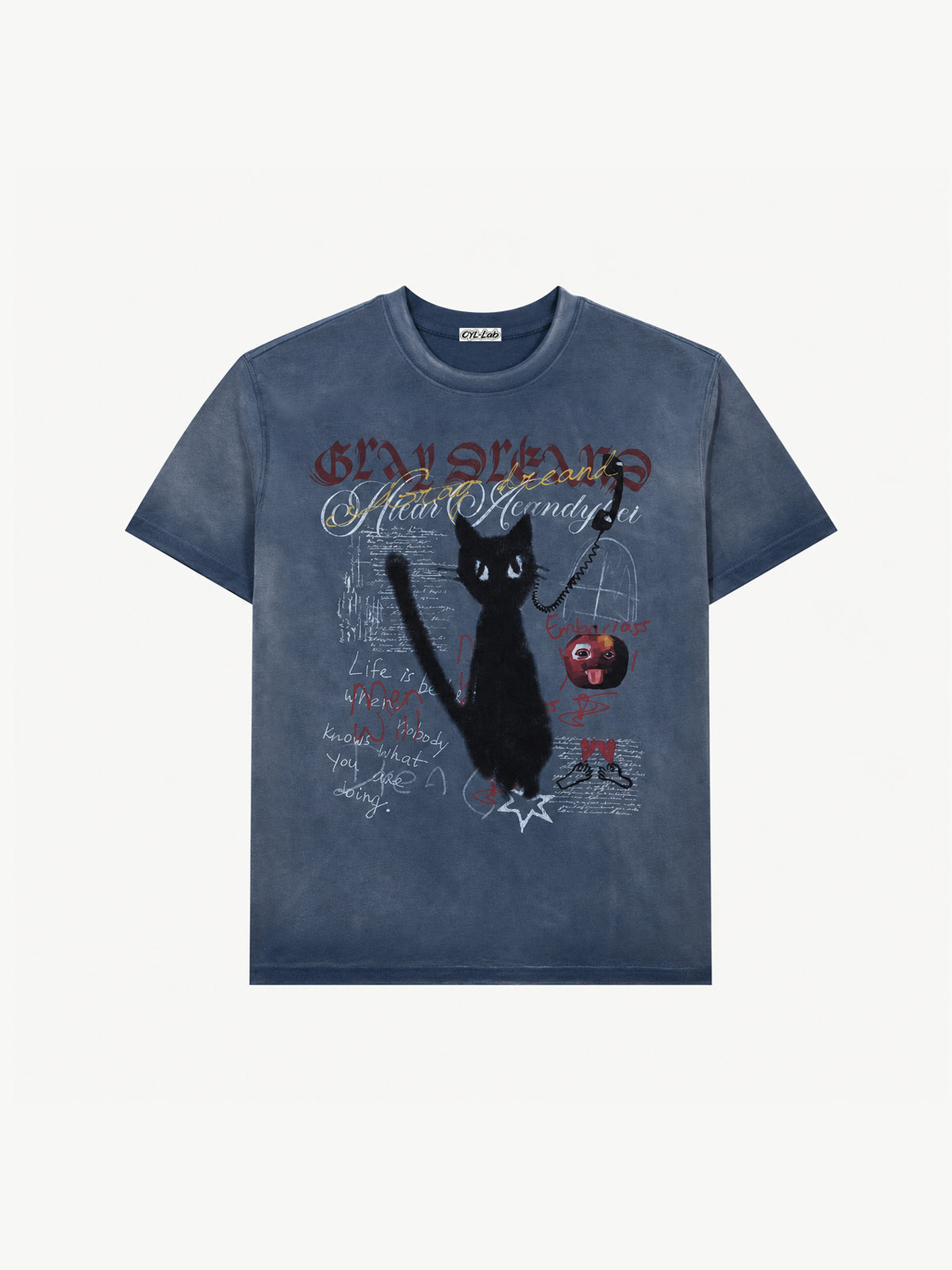 OYL-Lab Vintage Washed Black Cat Graffiti Tee