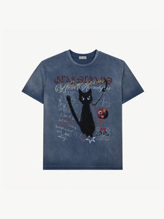 OYL-Lab Vintage Washed Black Cat Graffiti Tee