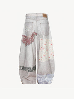OYL-Lab Faux Denim Vintage Patchwork Print Pants