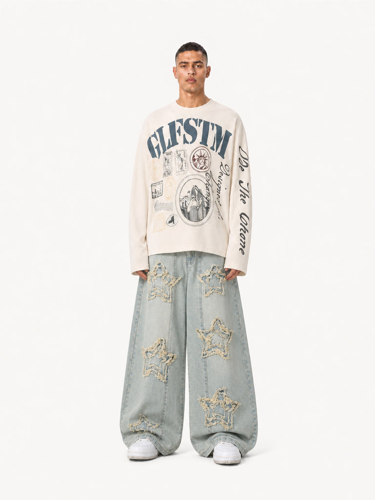 OYL-Lab Frayed Star Patch Wash Baggy Jeans
