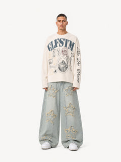 OYL-Lab Frayed Star Patch Wash Baggy Jeans