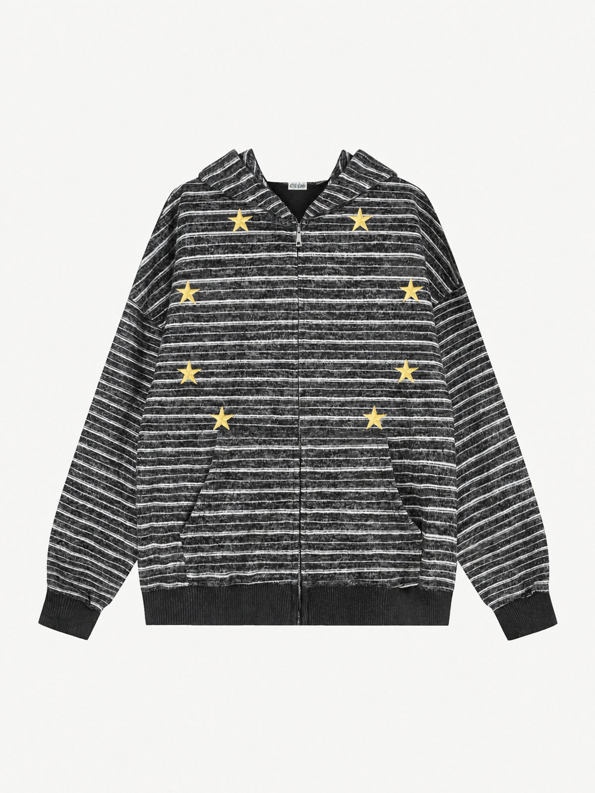 OYL-Lab Oversized Striped Star Embroidered Zip Up Hoodie