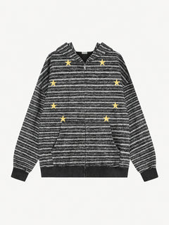 OYL-Lab Oversized Striped Star Embroidered Zip Up Hoodie