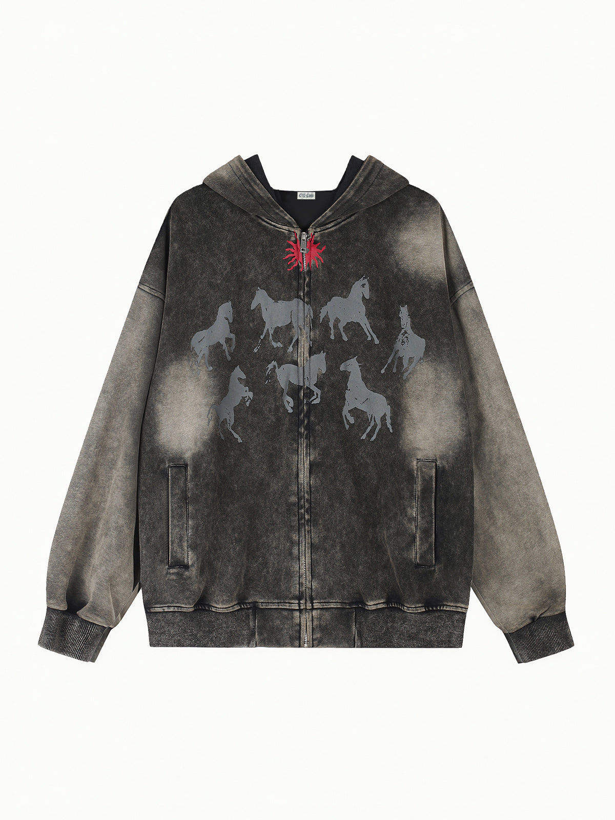 OYL‑Lab Vintage Washed Horse Graphic Zip‑Up Hoodie