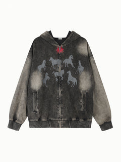 OYL‑Lab Vintage Washed Horse Graphic Zip‑Up Hoodie