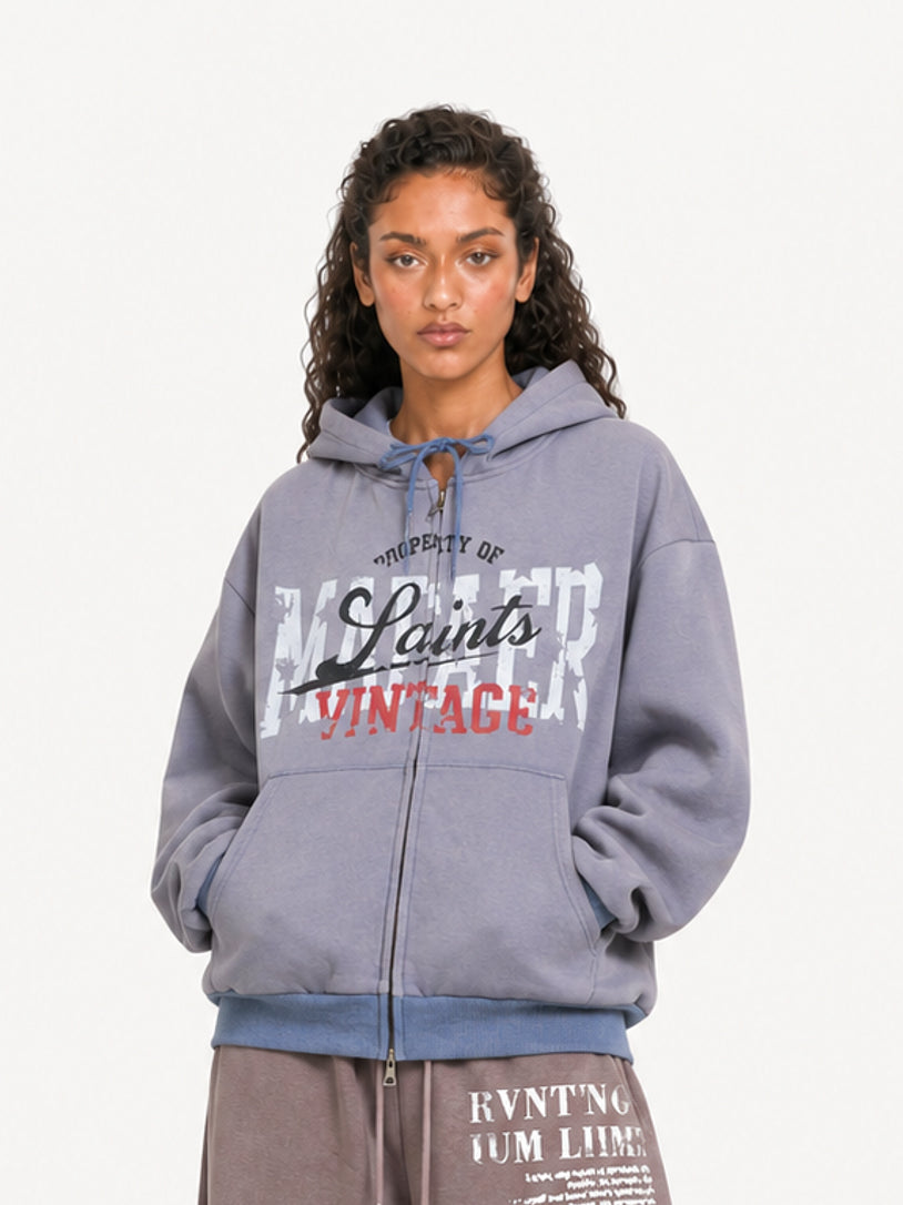 OYL-Lab Vintage Distressed Graphic Zip Up Hoodie