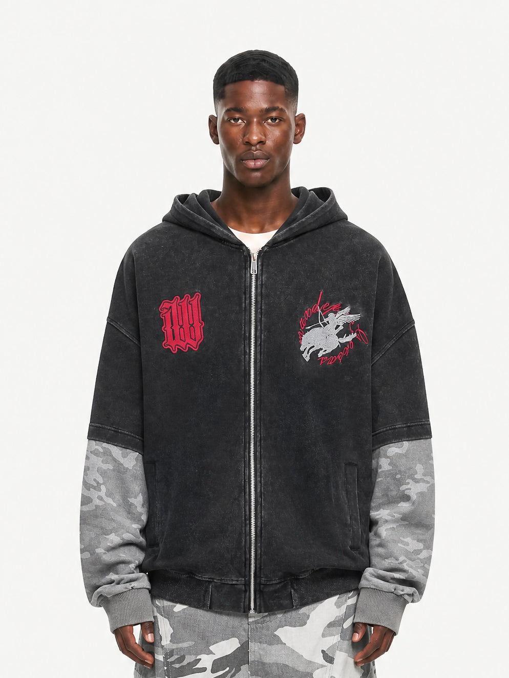 OYL‑Lab Acid‑Washed Camo Spliced Embroidered Zip‑Up Hoodie