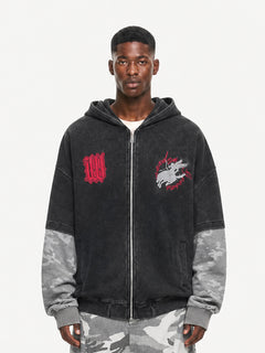 OYL‑Lab Acid‑Washed Camo Spliced Embroidered Zip‑Up Hoodie