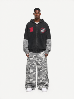 OYL‑Lab Acid‑Washed Camo Spliced Embroidered Zip‑Up Hoodie