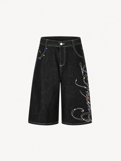 OYL-Lab Rhinestone Embroidered Jort Shorts