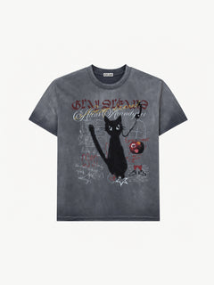 OYL-Lab Vintage Washed Black Cat Graffiti Tee