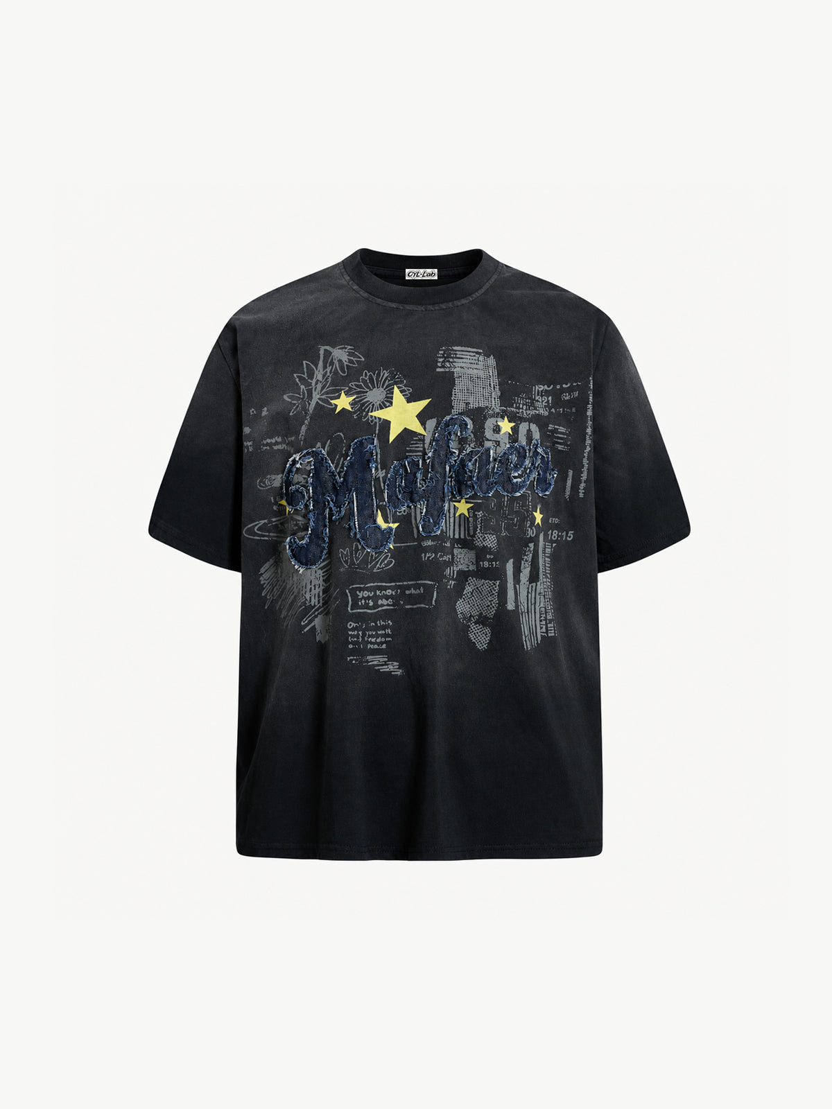 OYL-Lab Frayed Denim Patch Embroidery Tee
