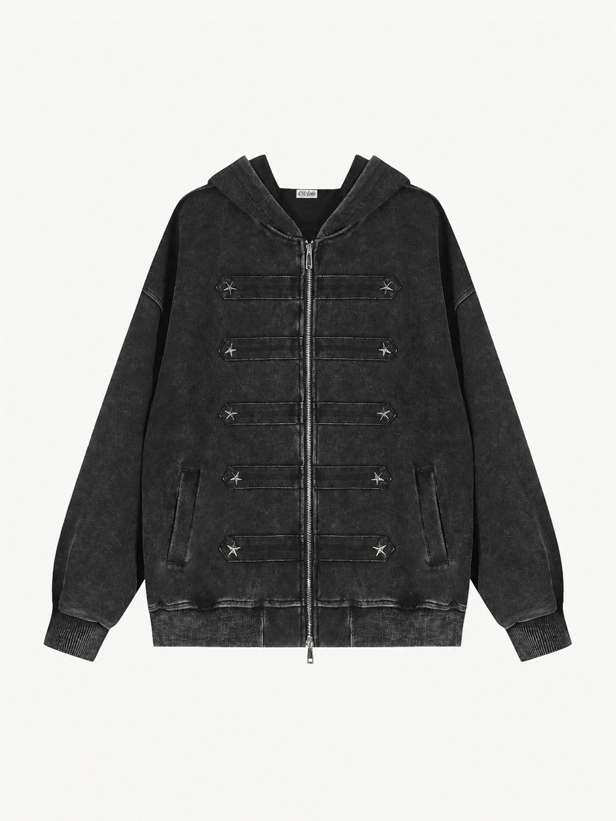 OYL-Lab Washed Black & Leopard Star Stud Zip Up Hoodie