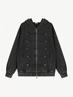 OYL-Lab Washed Black & Leopard Star Stud Zip Up Hoodie