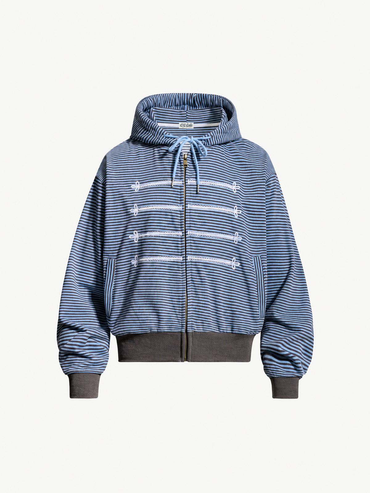 OYL-Lab Striped Military Embroidered Zip Up Cropped Hoodie