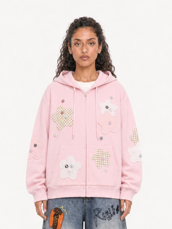 OYL-Lab Star Patch Button Detail Zip Up Hoodie