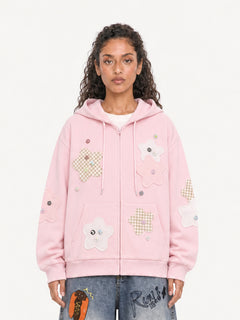 OYL-Lab Star Patch Button Detail Zip Up Hoodie