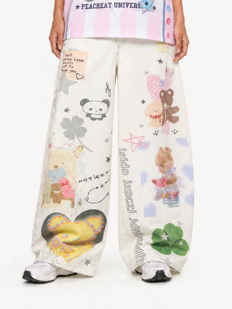 OYL-Lab Cartoon Teddy Bear Print Baggy Jeans