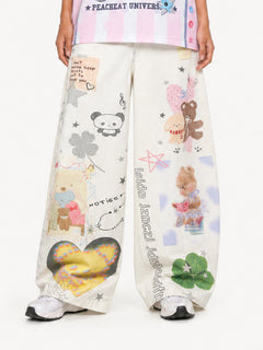 OYL-Lab Cartoon Teddy Bear Print Baggy Jeans