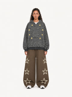 OYL-Lab Oversized Striped Star Embroidered Zip Up Hoodie