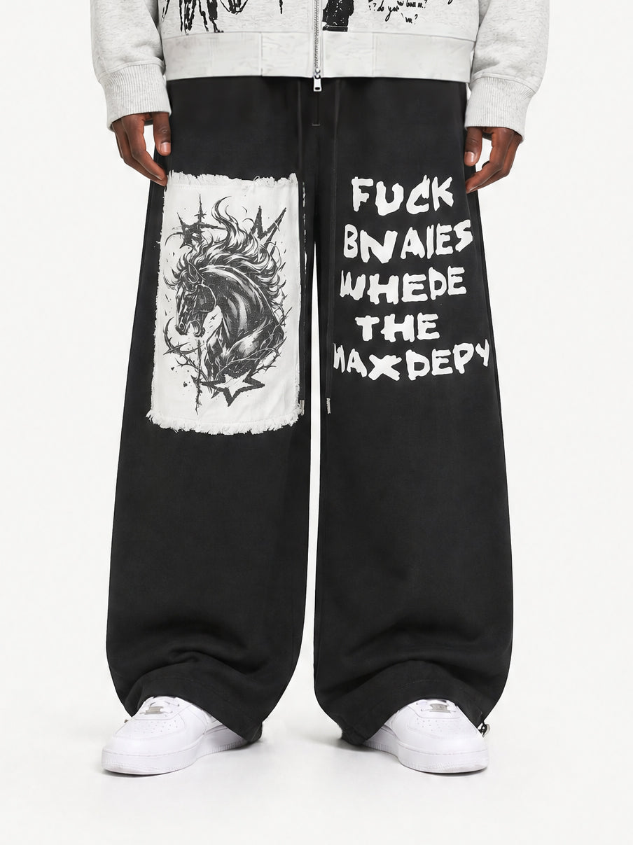 OYL-Lab Distressed Horse Patch Baggy Balloon-Leg Sweatpants