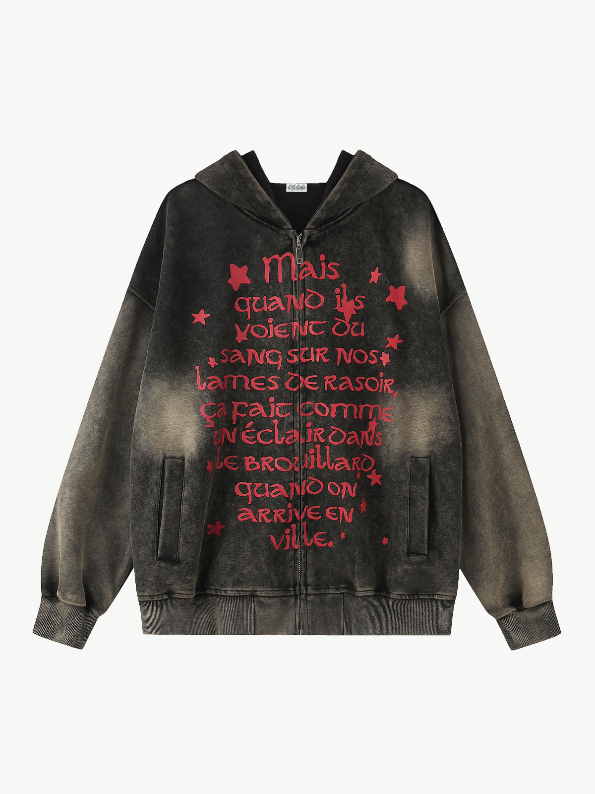 OYL‑Lab Vintage Acid-Wash Gothic Text Star Print Full-Zip Hoodie