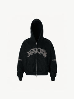 OYL‑Lab Raw-Edge Applique Faux Suede Zip Up Hoodie