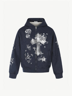 OYL-Lab Retro Halftone Cross Graphic Zip Up Hoodie